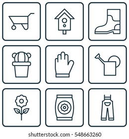 Set Of 9 Plant Icons. Includes Wheelbarrow, Rubber Boot, Decorative Plant And Other Symbols. Beautiful Design Elements.