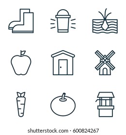 Set Of 9 Plant Icons. Includes Hang Lamp, Gardening Shoes, Taste Apple And Other Symbols. Beautiful Design Elements.