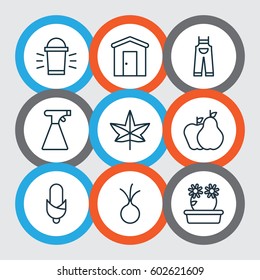 Set Of 9 Plant Icons. Includes Fruits, Sprinkler, Garden Clothes And Other Symbols. Beautiful Design Elements.