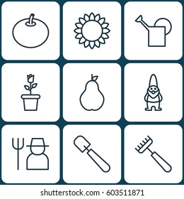 Set Of 9 Plant Icons. Includes Rake, Shovel, Dwarf And Other Symbols. Beautiful Design Elements.