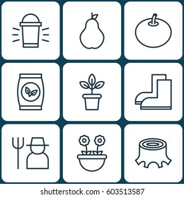 Set Of 9 Plant Icons. Includes Grower, Duchess, Hang Lamp And Other Symbols. Beautiful Design Elements.