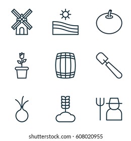 Set Of 9 Plant Icons. Includes Floret, Mill, Shovel And Other Symbols. Beautiful Design Elements.