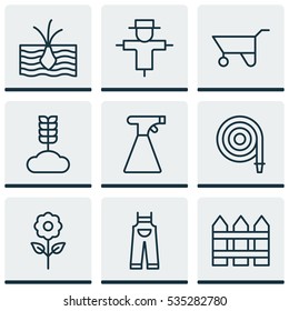 Set Of 9 Planting Icons. Includes Garden Clothes, Cereal, Sprinkler And Other Symbols. Beautiful Design Elements.