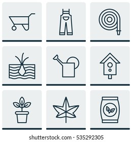 Set Of 9 Planting Icons. Includes Autumn Plant, Garden Clothes, Grains And Other Symbols. Beautiful Design Elements.