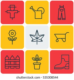 Set Of 9 Planting Icons. Includes Bugbear, Flowerpot, Rubber Boot And Other Symbols. Beautiful Design Elements.
