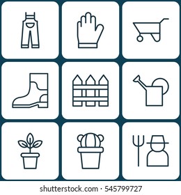 Set Of 9 Planting Icons. Includes Flowerpot, Desert Plant, Rubber Boot And Other Symbols. Beautiful Design Elements.