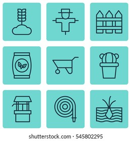 Set Of 9 Planting Icons. Includes Bugbear, Barrier, Fire Tube And Other Symbols. Beautiful Design Elements.