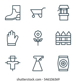 Set Of 9 Planting Icons. Includes Water Source, Rubber Boot, Protection Mitt And Other Symbols. Beautiful Design Elements.