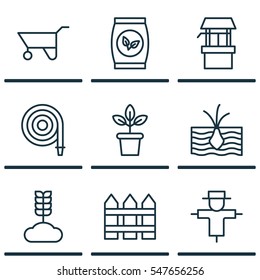 Set Of 9 Planting Icons. Includes Barrier, Bugbear, Wheelbarrow And Other Symbols. Beautiful Design Elements.