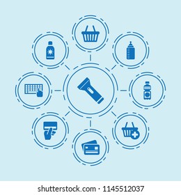 Set of 9 plastic filled icons such as credit card payment, keyboard, baby bottle, shopping basket, bottle, bank card, sunscreen