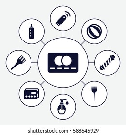 Set of 9 plastic filled icons such as baby bottle, barber brush, hair curler, coloring brush, credit card, soap, usb signal