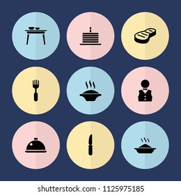 Set of 9 plate filled icons such as soup, knife, fork, waiter, dish, cake with one candle, table with plates and pan