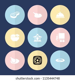 Set of 9 plate filled icons such as gong, fried egg and bacon, chicken, dish, food, cargo height