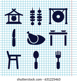 Set of 9 plate filled icons such as gong, spoon, knife, fork, kebab, chicken, baby chair