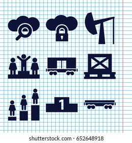 Set of 9 platform filled icons such as ranking, cargo on palette, cargo wagon, oil derrick, search cloud