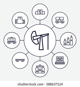 Set of 9 platform outline icons such as ranking, cargo on palette, cargo wagon