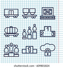 Set of 9 platform outline icons such as ranking, cargo on palette, cargo wagon