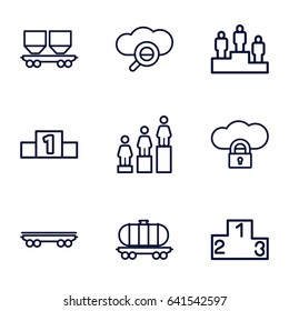 Set of 9 platform outline icons such as ranking, cargo wagon, search cloud