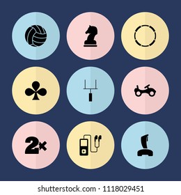 Set of 9 play filled icons such as bike, casino bet, goal post, volleyball, horse chess, clubs, joystick, mp3 player