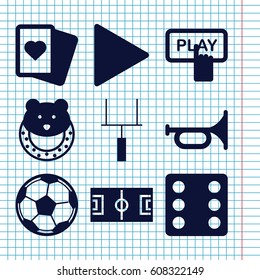 Set of 9 play filled icons such as baby toy, Finger pressing play button, Dice, Spades, play, goal post, fotball, trumpet