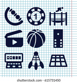 Set of 9 play filled icons such as baby toy, 1 casino chip, Slot machine, basketball, trampoline, play, domino, dance floor