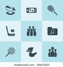 Set of 9 play filled icons such as magic wand, music folder, bowling, game console, duck, horse toy, tennis