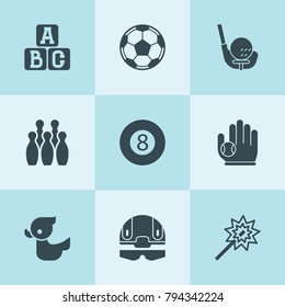 Set of 9 play filled icons such as magic wand, billiards, bowling, a b c cube, duck, baseball glove and ball, golf, football plan