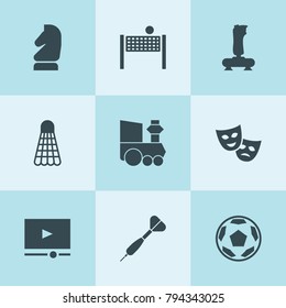 Set of 9 play filled icons such as horse chess, theatre mask, joystick, football, train toy, video player, shuttlecock, dart