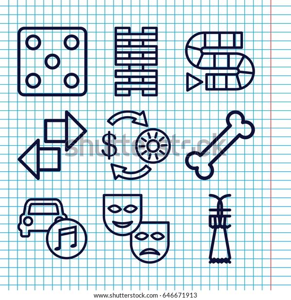 Set of\
9 play outline icons such as casino chip and money, dice, car\
music, shuttlecock, bone, dice game, mask,\
domino