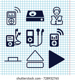 Set of 9 player filled and outline icons such as dvd player, play, mp3 player, casino boy, music pause