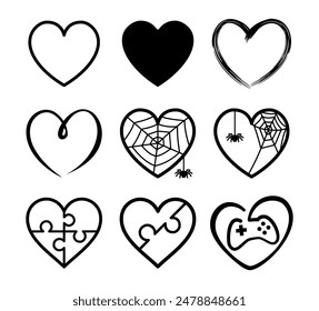 A set of 9 playful heart-shaped icons in different styles. It features puzzle pieces, brush strokes and a gamer-themed design.