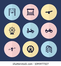 Set 9 playground filled icons such as ferris wheel  bike  swing