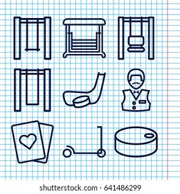 Set of 9 playing outline icons such as kick scooter, casino boy, swing, hockey puck, hockey stick and puck