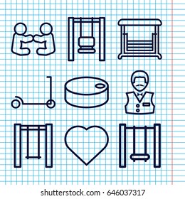 Set of 9 playing outline icons such as kick scooter, hearts, casino boy, swing, hockey puck