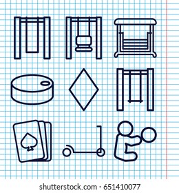 Set of 9 playing outline icons such as kick scooter, pllaying card, diamonds, swing, hockey puck