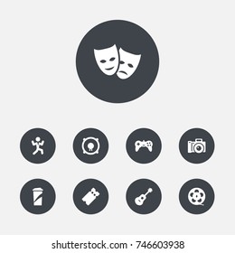 Set Of 9 Pleasure Icons Set.Collection Of Theater, Disco, Loudspeakers And Other Elements.