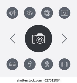 Set Of 9 Pleasure Outline Icons Set.Collection Of Theater, Barrier Rope, 3D Glasses And Other Elements.