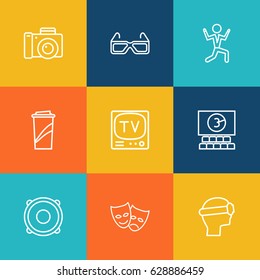 Set Of 9 Pleasure Outline Icons Set.Collection Of Dancing Man, Cinema, Speaker And Other Elements.