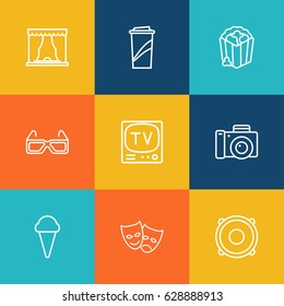 Set Of 9 Pleasure Outline Icons Set.Collection Of Soft Drink, Masks, Speaker And Other Elements.