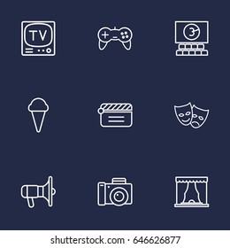 Set Of 9 Pleasure Outline Icons Set.Collection Of Cinema, Tv Set, Clapperboard And Other Elements.