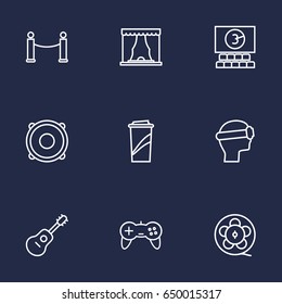 Set Of 9 Pleasure Outline Icons Set.Collection Of Barrier Rope, Theater, Cinema And Other Elements.