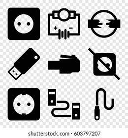 Set of 9 plug filled icons such as plug socket, wire, usb drive, no plug, Electricity, phone cable
