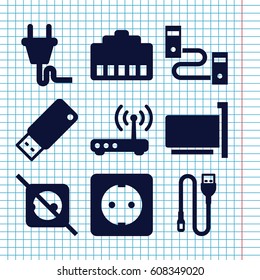 Set of 9 plug filled icons such as wire, usb drive, plug socket, router, phone cable, phone connection cable