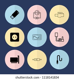 Set of 9 plug filled and outline icons such as phone connection cable, wire, usb drive, plug socket, electricity, electricity, phone cable