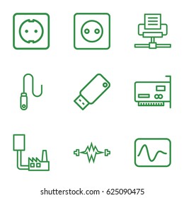 set of 9 plug outline icons such as plug socket, wire, usb drive, electricity