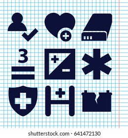 Set of 9 plus filled icons such as medical sign, 3 allowed, add favorite, hospital, battery, light exposure, broken battery
