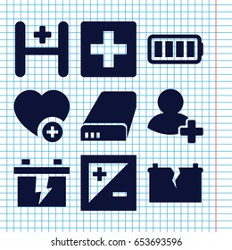 Set of 9 plus filled icons such as battery, add favorite, add friend, hospital, ful battery, light exposure, broken battery