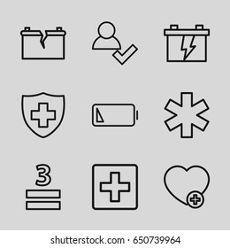  set of 9 plus outline icons such as battery, medical sign, 3 allowed, add favorite, low battery, broken battery, plus