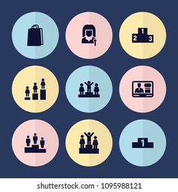 Set of 9 podium filled icons such as ranking, shopping bag, tv speaker