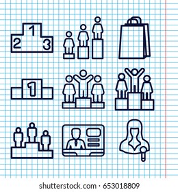 Set of 9 podium outline icons such as ranking, shopping bag, woman speaker